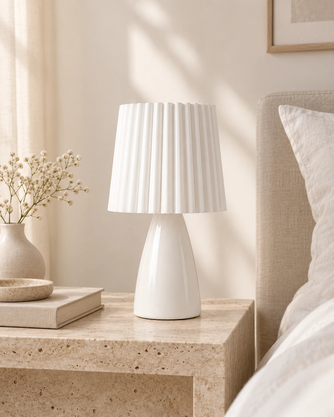 Lampe de chevet vintage plissée blanche