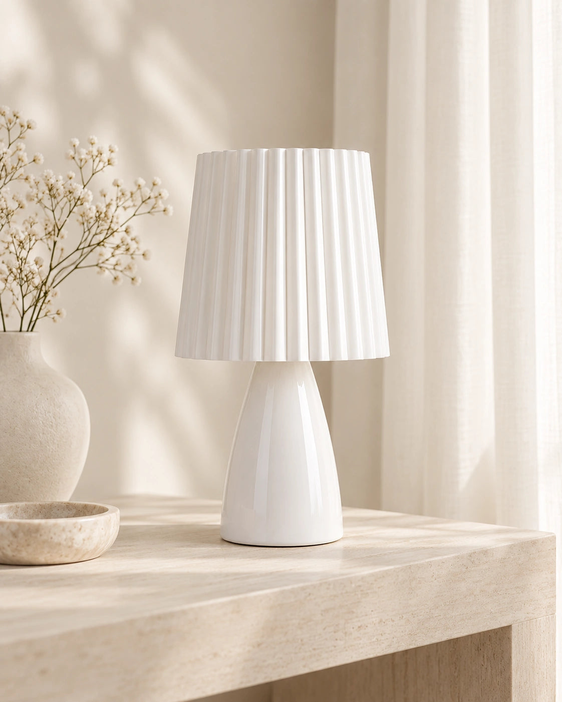 Lampe de chevet vintage plissée blanche