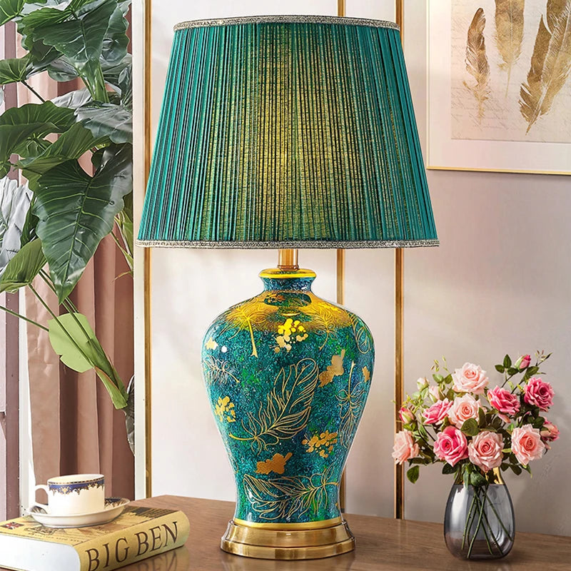 Lampe de chevet en céramique émeraude et or