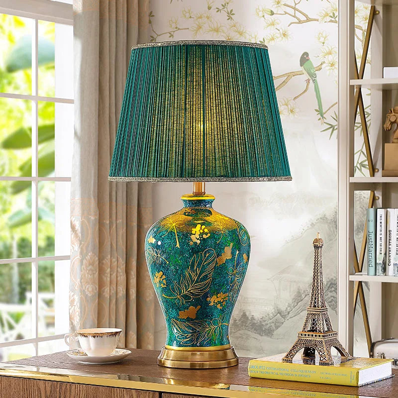 Lampe de chevet en céramique émeraude et or