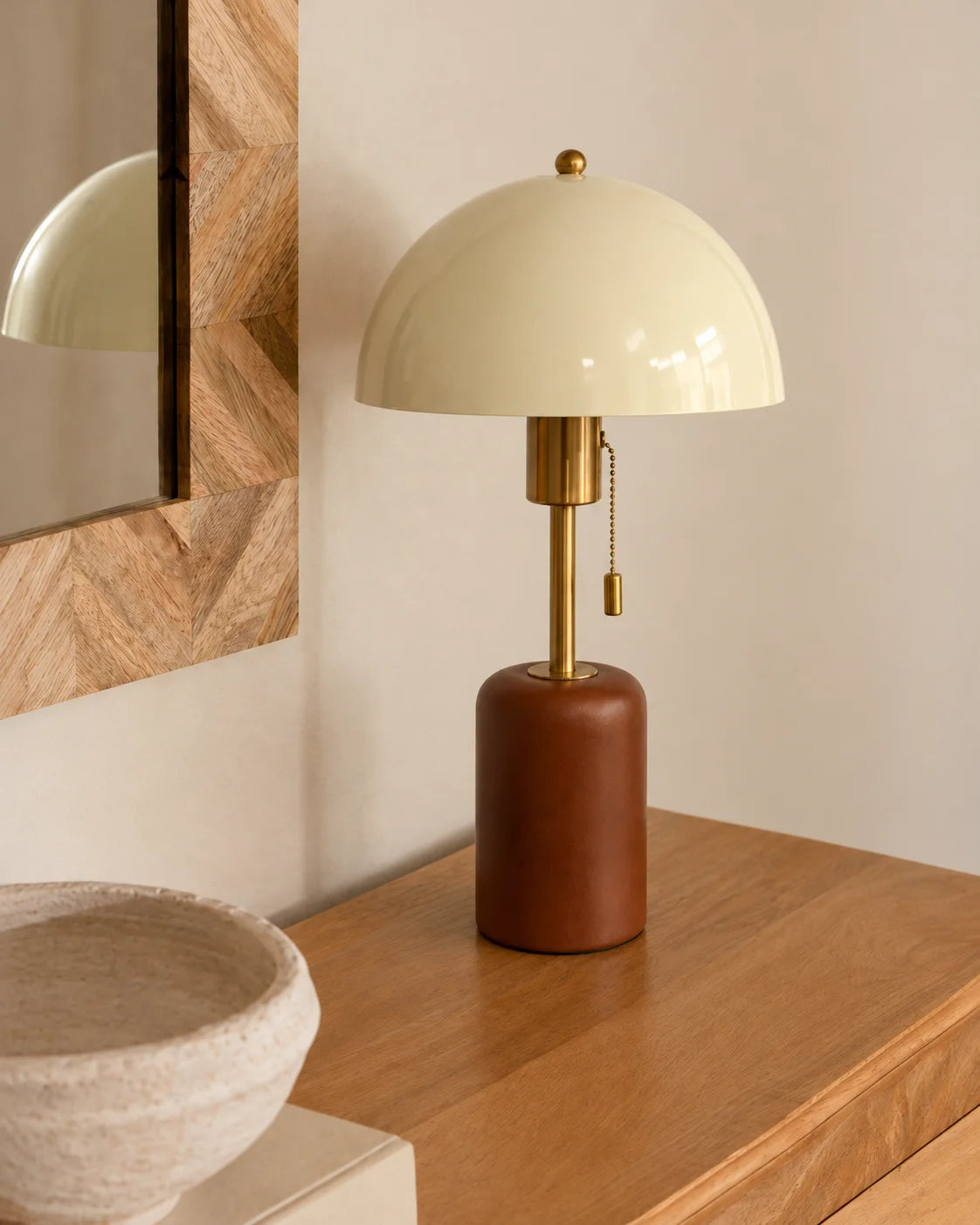 Lampe de chevet rétro bois et dorée champignon