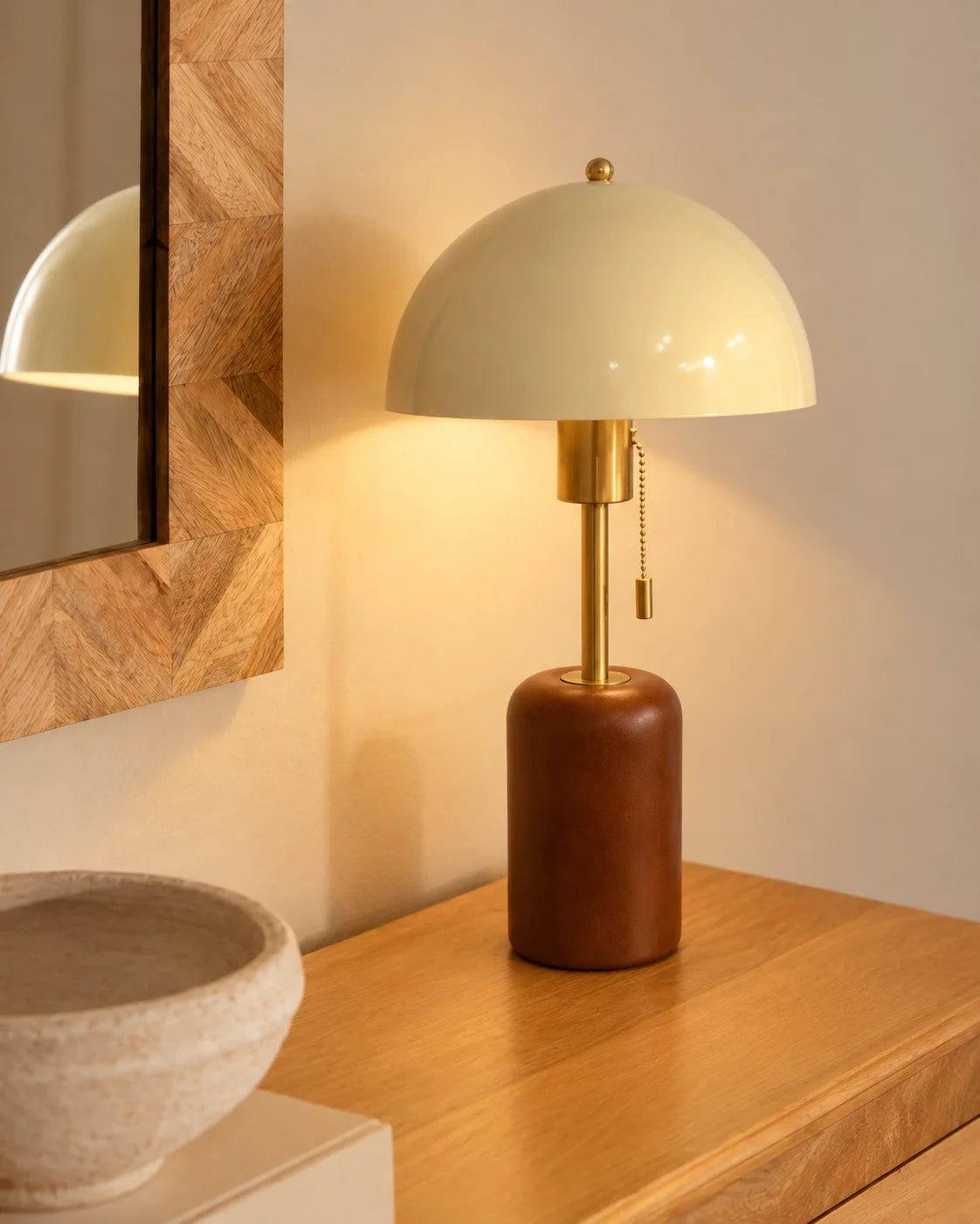 Lampe de chevet rétro bois et dorée champignon