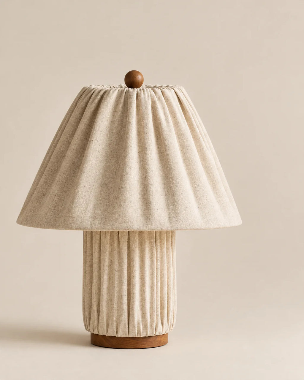 Lampe de chevet crème en tissu et support en bois