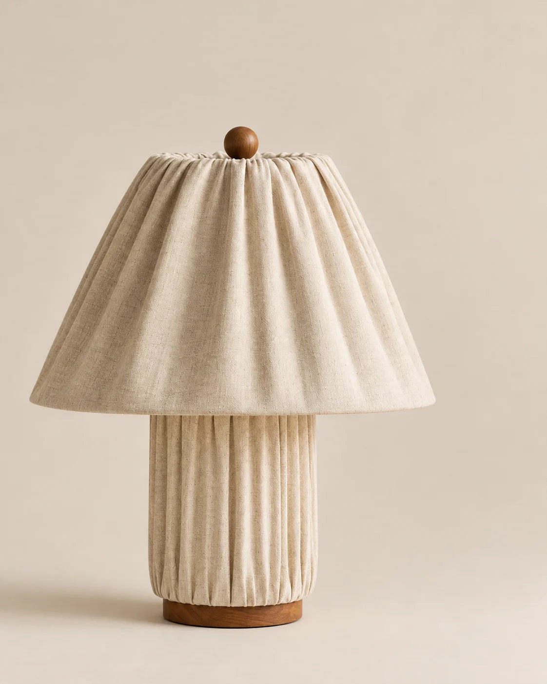 Lampe de chevet crème en tissu et support en bois