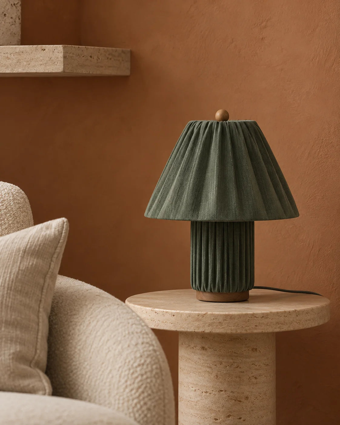 Lampe de chevet kaki en tissu et support en bois