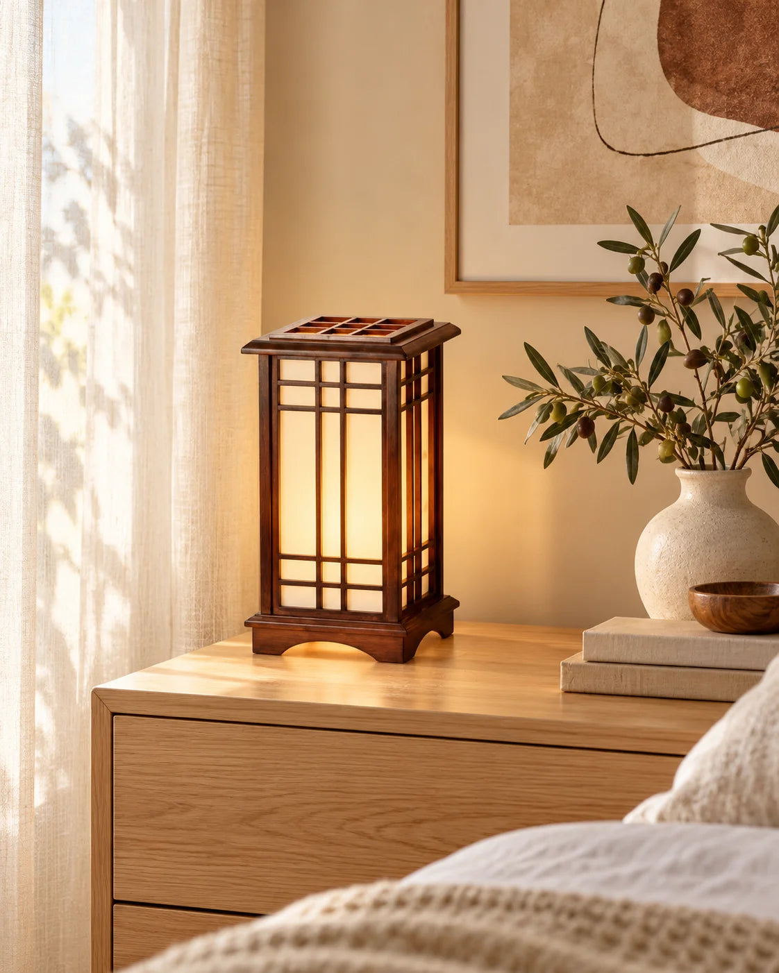 Lampe de chevet andon en bois foncé