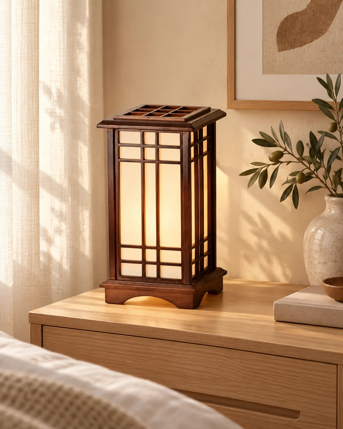 Lampe de chevet andon en bois foncé