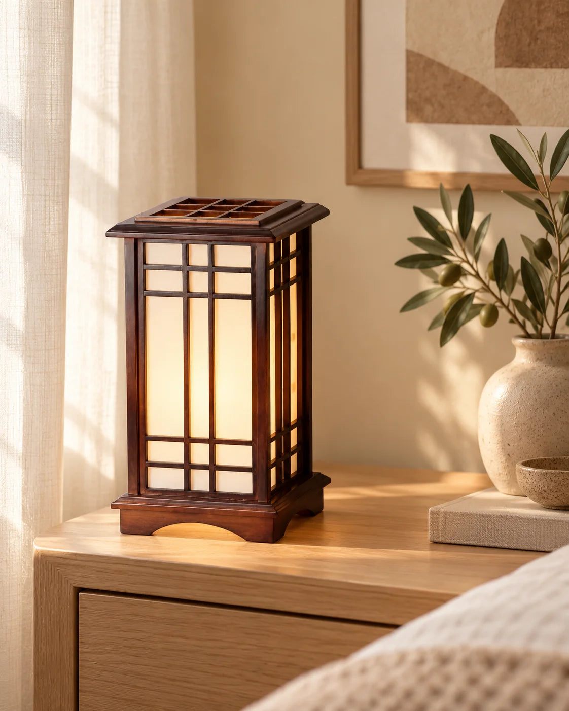 Lampe de chevet andon en bois foncé