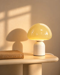 Lampe de chevet champignon tactile en verre jaune pastel