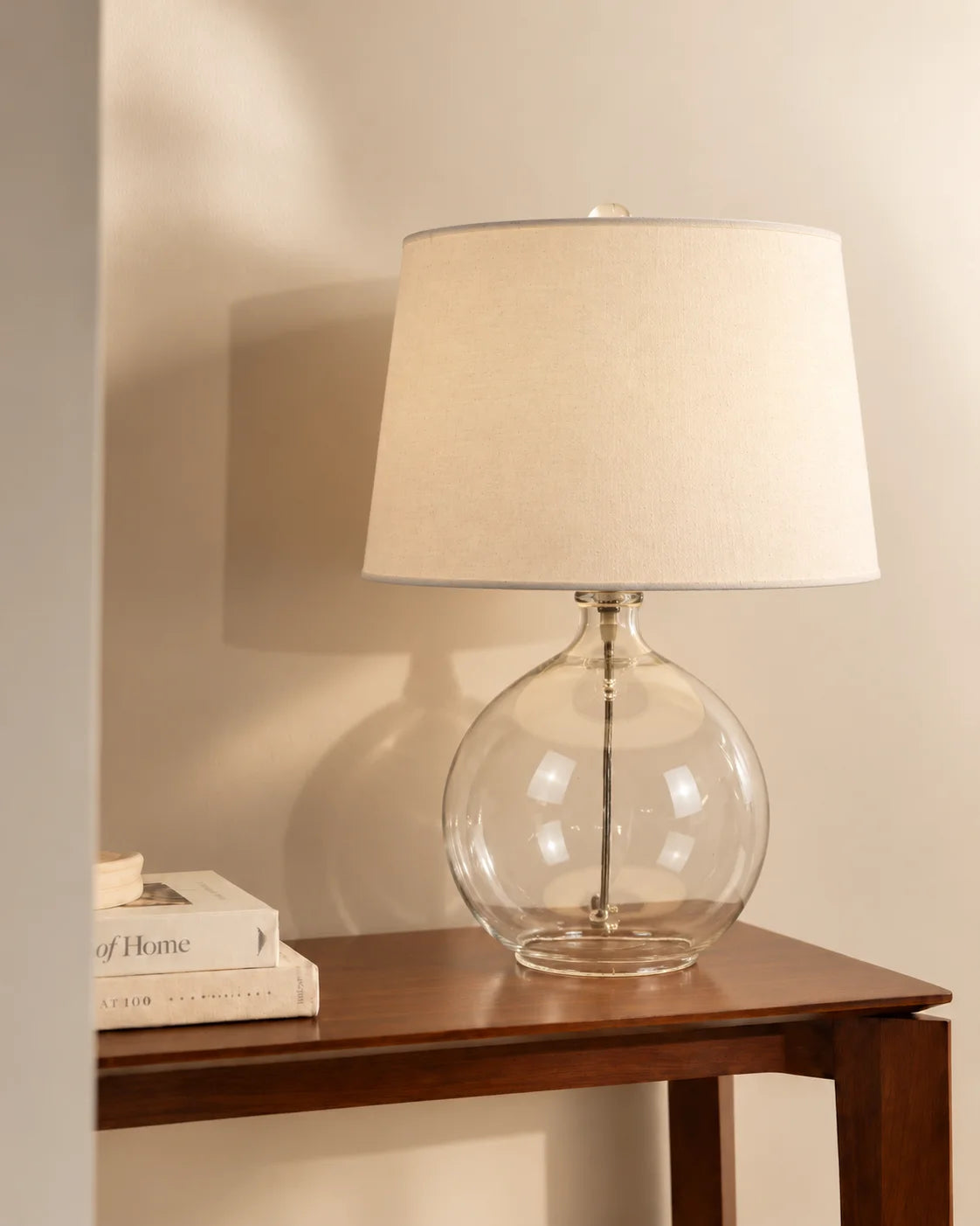 Lampe de chevet en verre transparent et abat-jour lin
