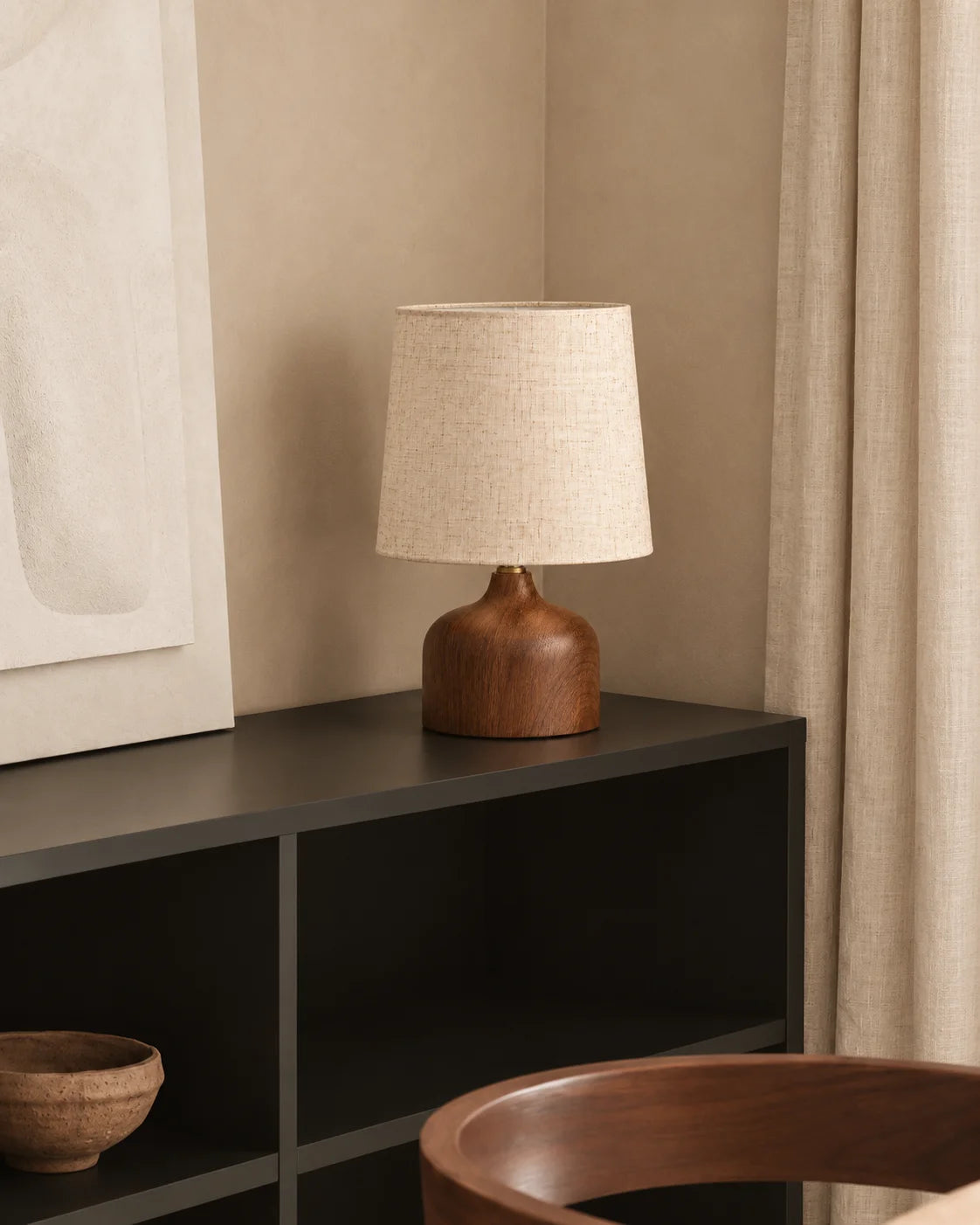 Lampe de chevet céramique imitation bois ronde et abat jour beige