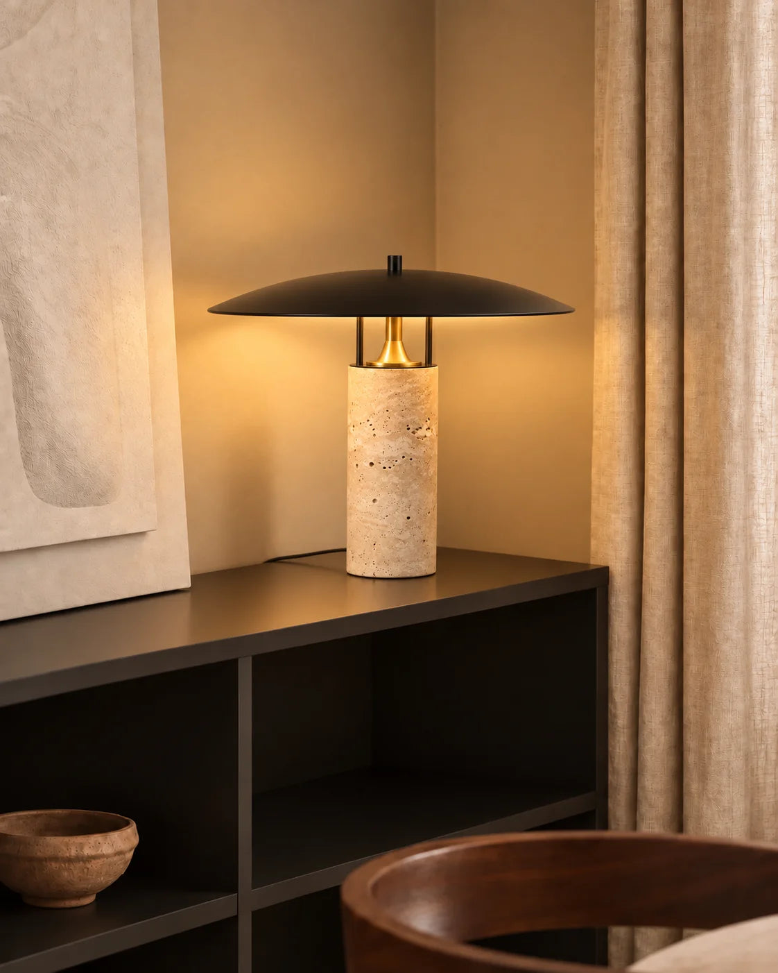 Lampe de chevet imitation travertin beige et noir
