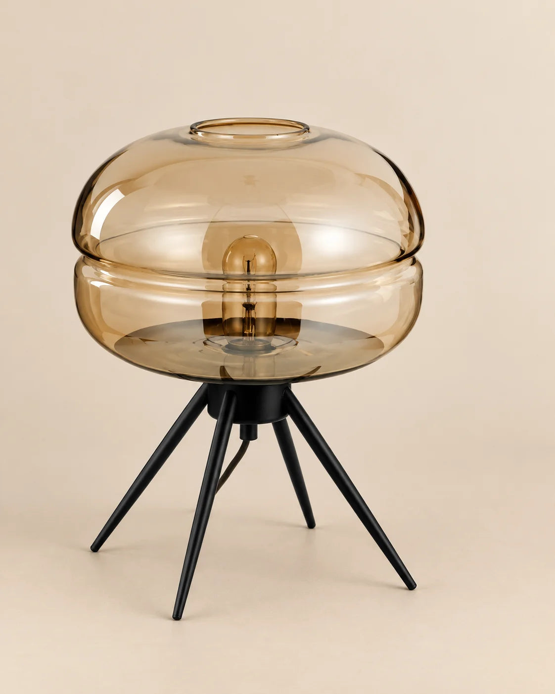 Lampe de chevet en verre teinté ambre sur pied en fer