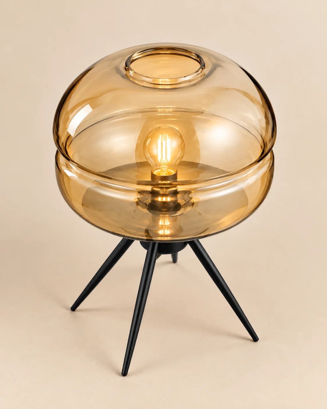 Lampe de chevet en verre teinté ambre sur pied en fer