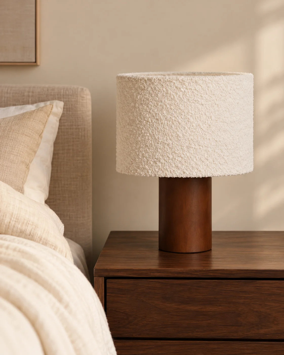 Lampe de chevet en bois marron et abat jour en laine bouclée