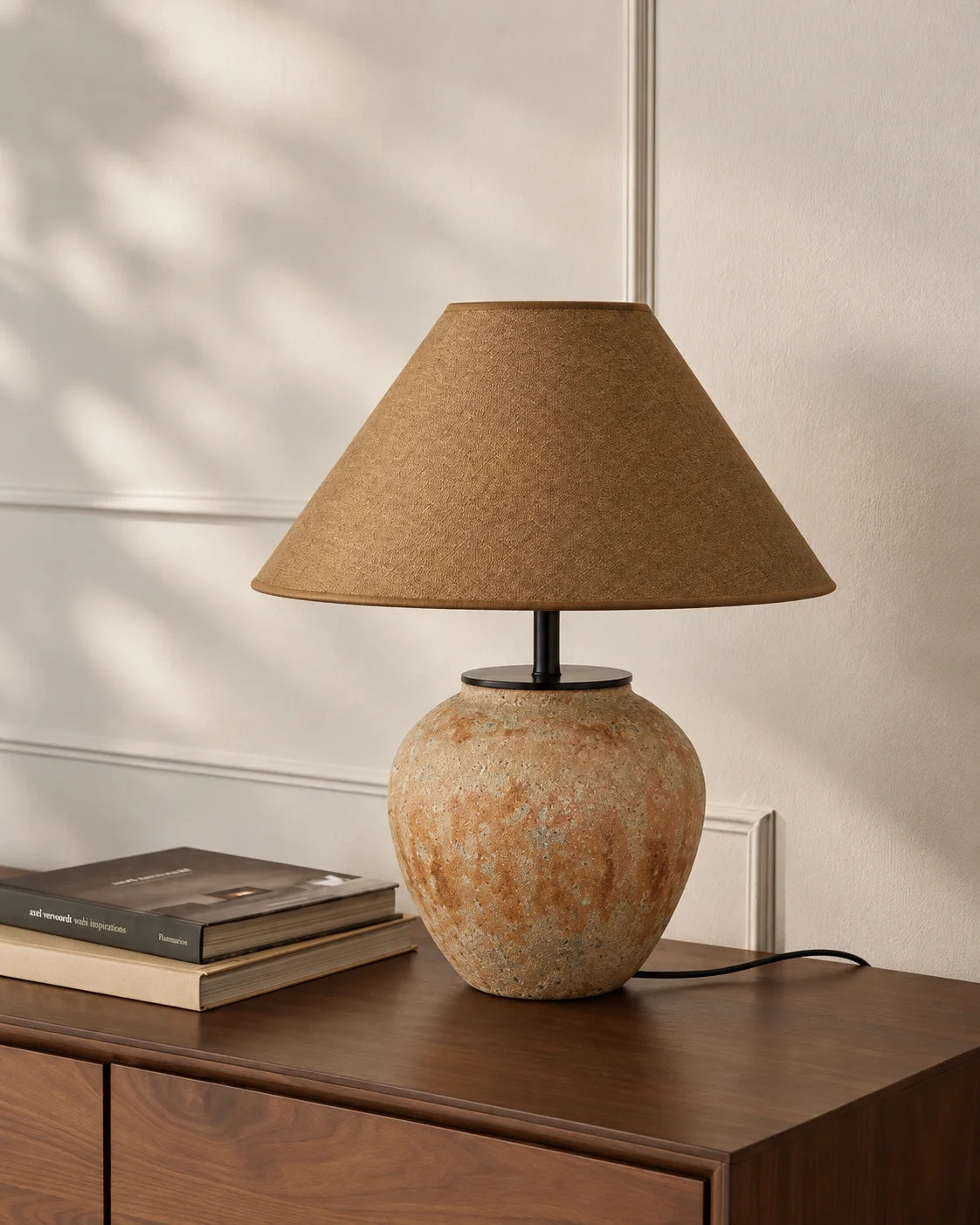 Lampe de chevet en céramique orange et abat jour