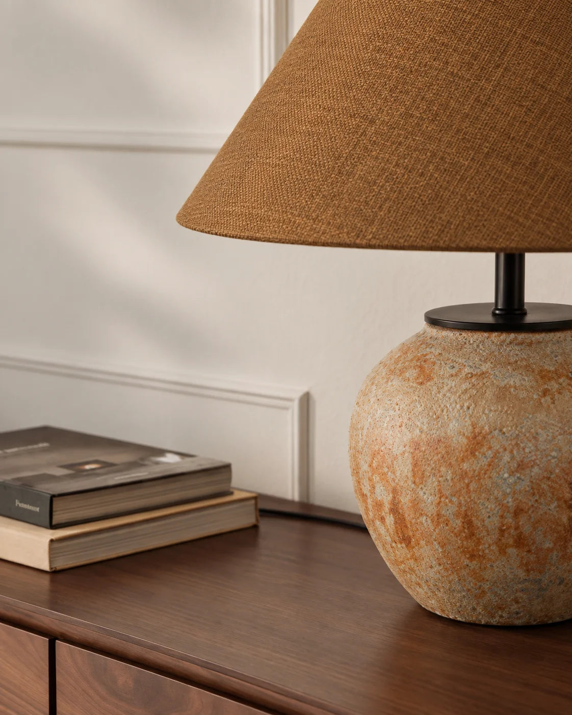 Lampe de chevet en céramique orange et abat jour
