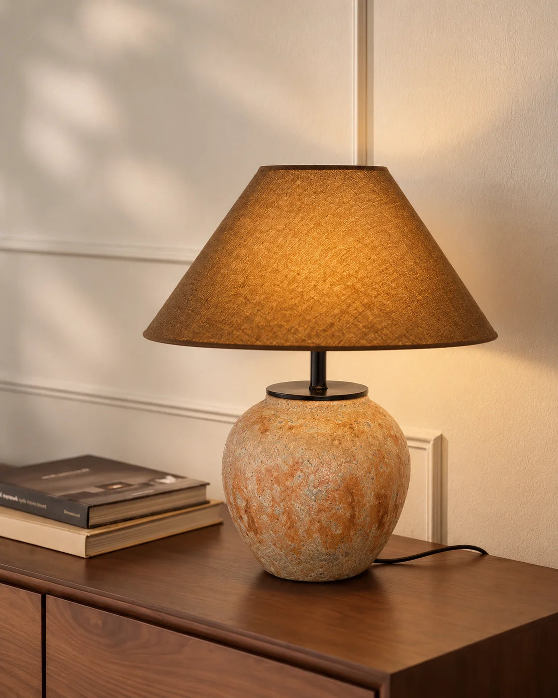 Lampe de chevet en céramique orange et abat jour