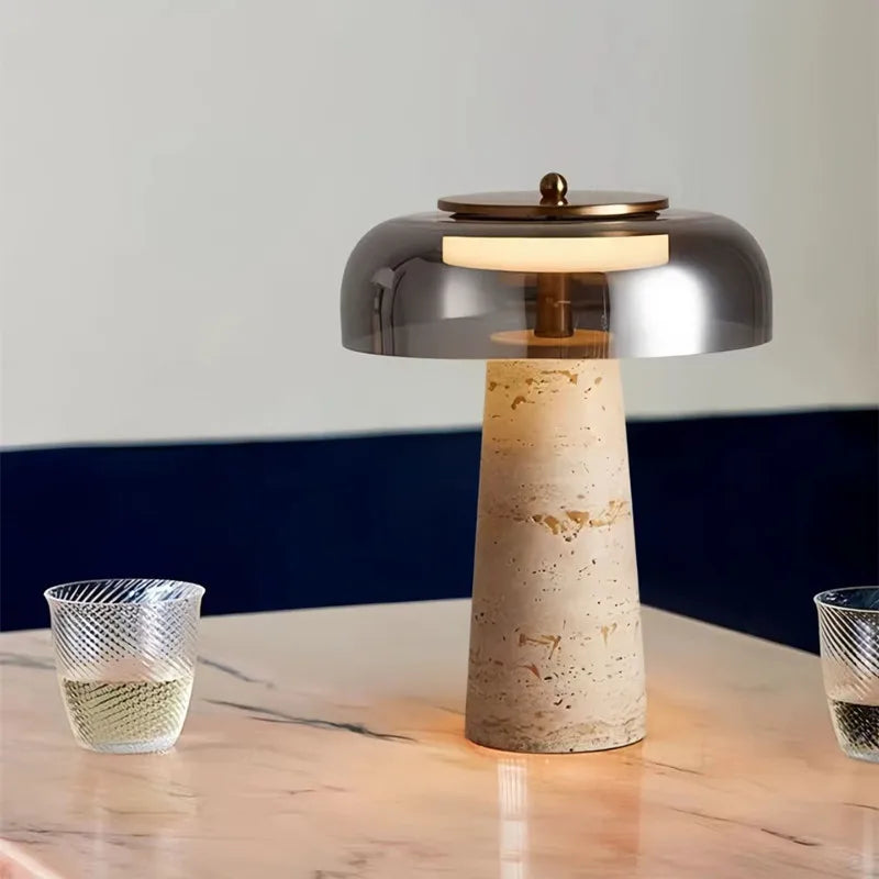 Lampe de chevet en travertin véritable et verre
