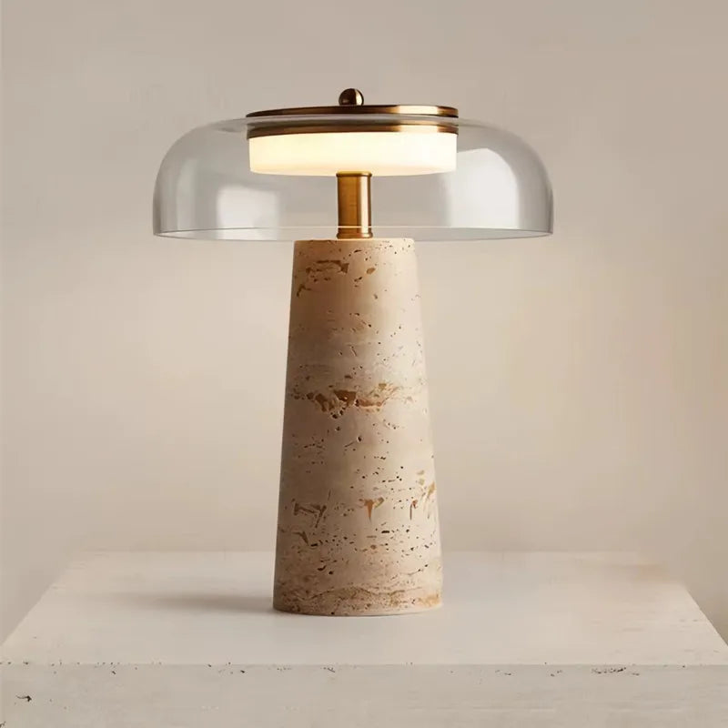 Lampe de chevet en travertin véritable et verre