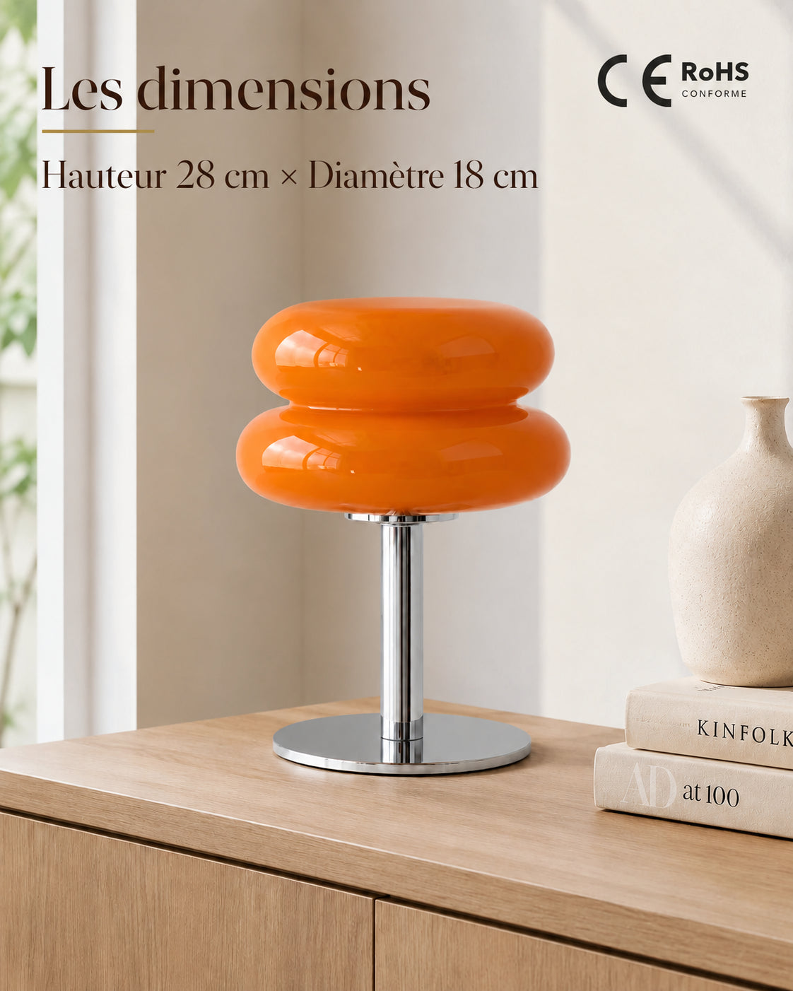 Dimensions de la lampe Ambra : hauteur 28 cm, diamètre 18 cm, conformité CE et RoHS
