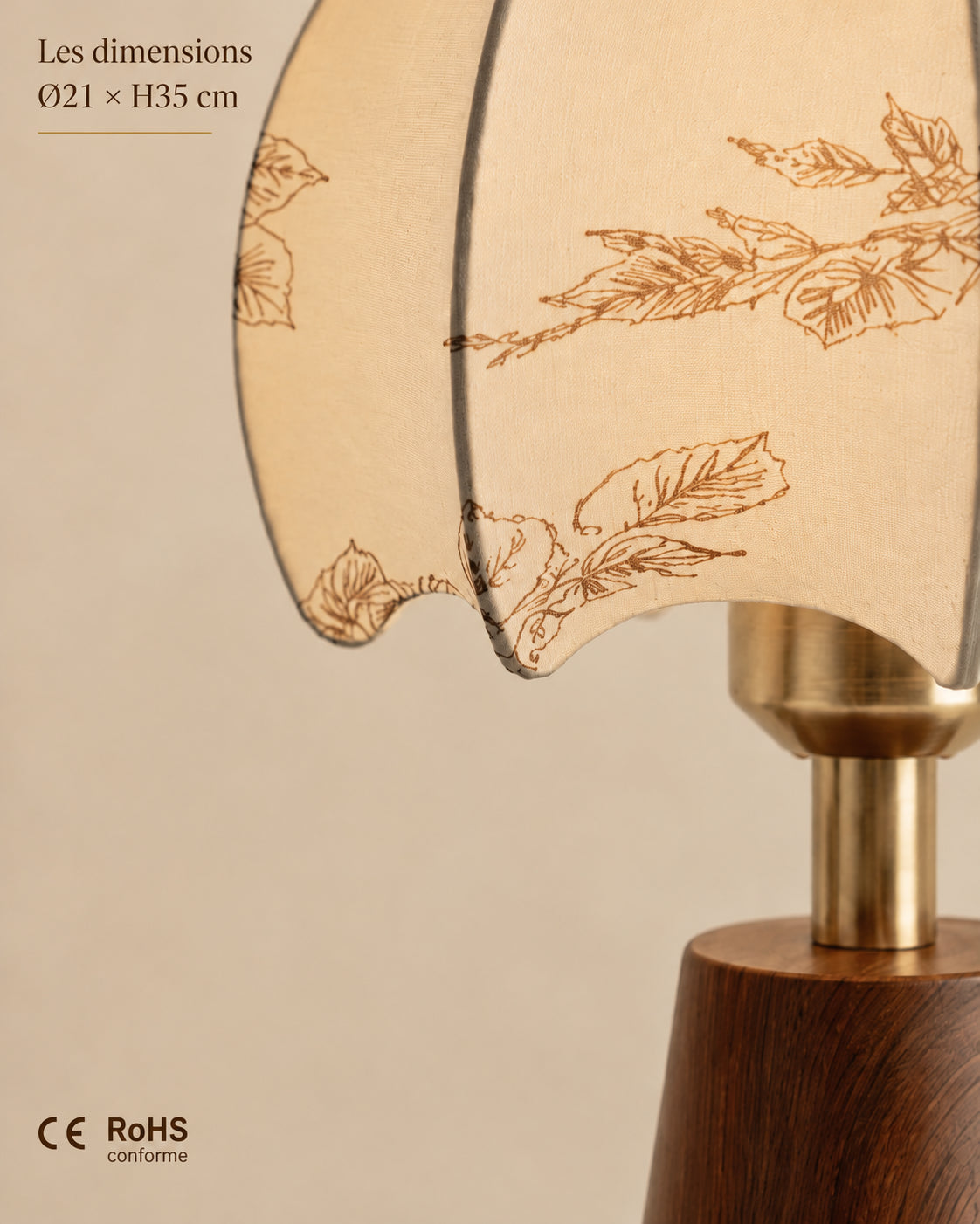 Dimensions Ø21 × H35 cm et conformités CE RoHS de la lampe Conetta