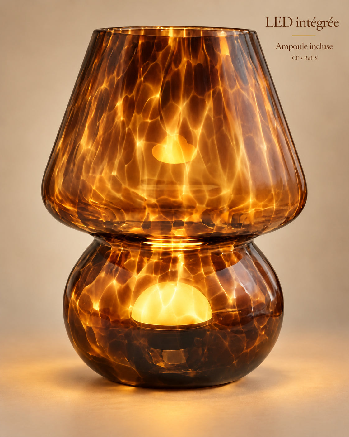 Lampe de chevet marron en verre — LED intégrée, ampoule incluse