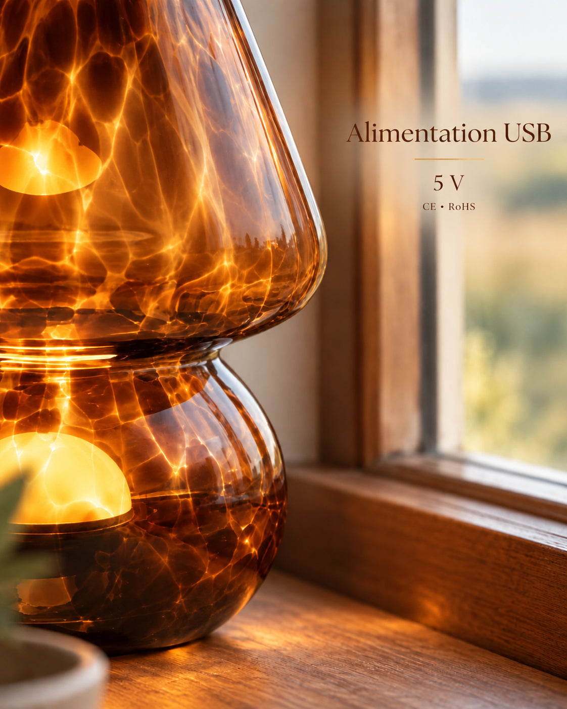Lampe de chevet marron en verre — Alimentation USB 5 V