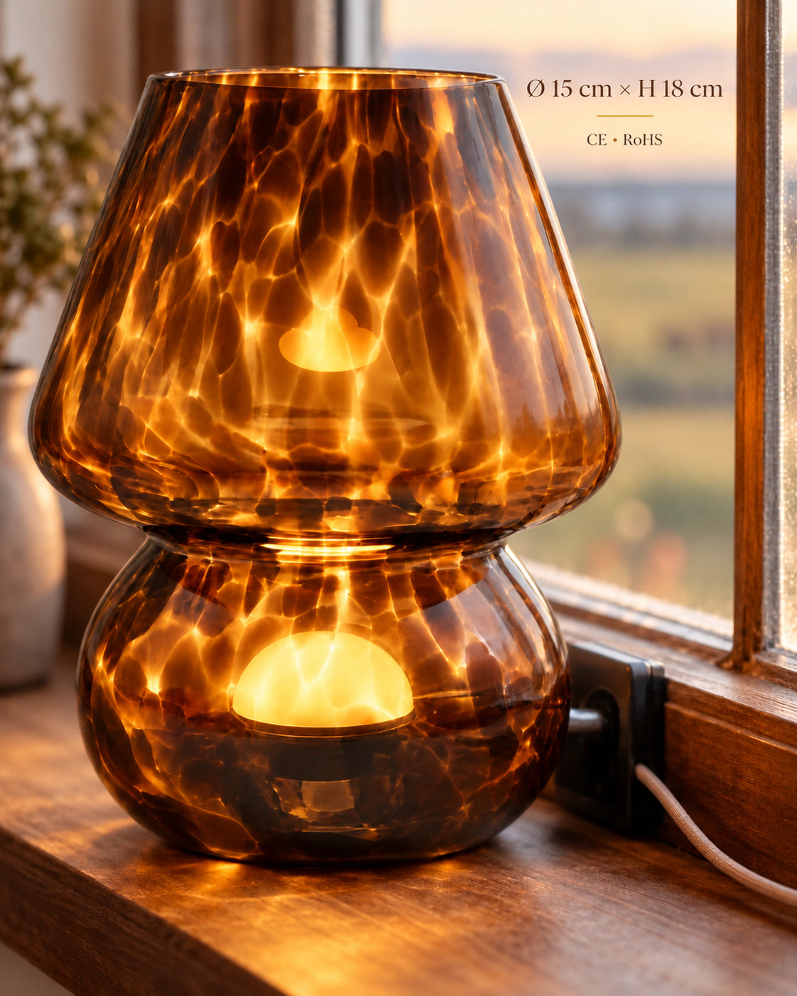 Lampe de chevet marron en verre — Dimensions Ø 15 cm × H 18 cm et conformité CE RoHS