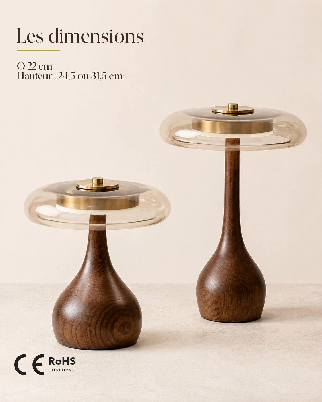 Dimensions de la lampe Kalmar : diamètre 22 cm, hauteur 24,5 ou 31,5 cm, conformité CE et RoHS