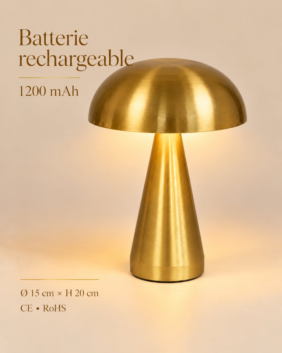 Lampe de chevet champignon lucca — Batterie rechargeable 1200 mAh
