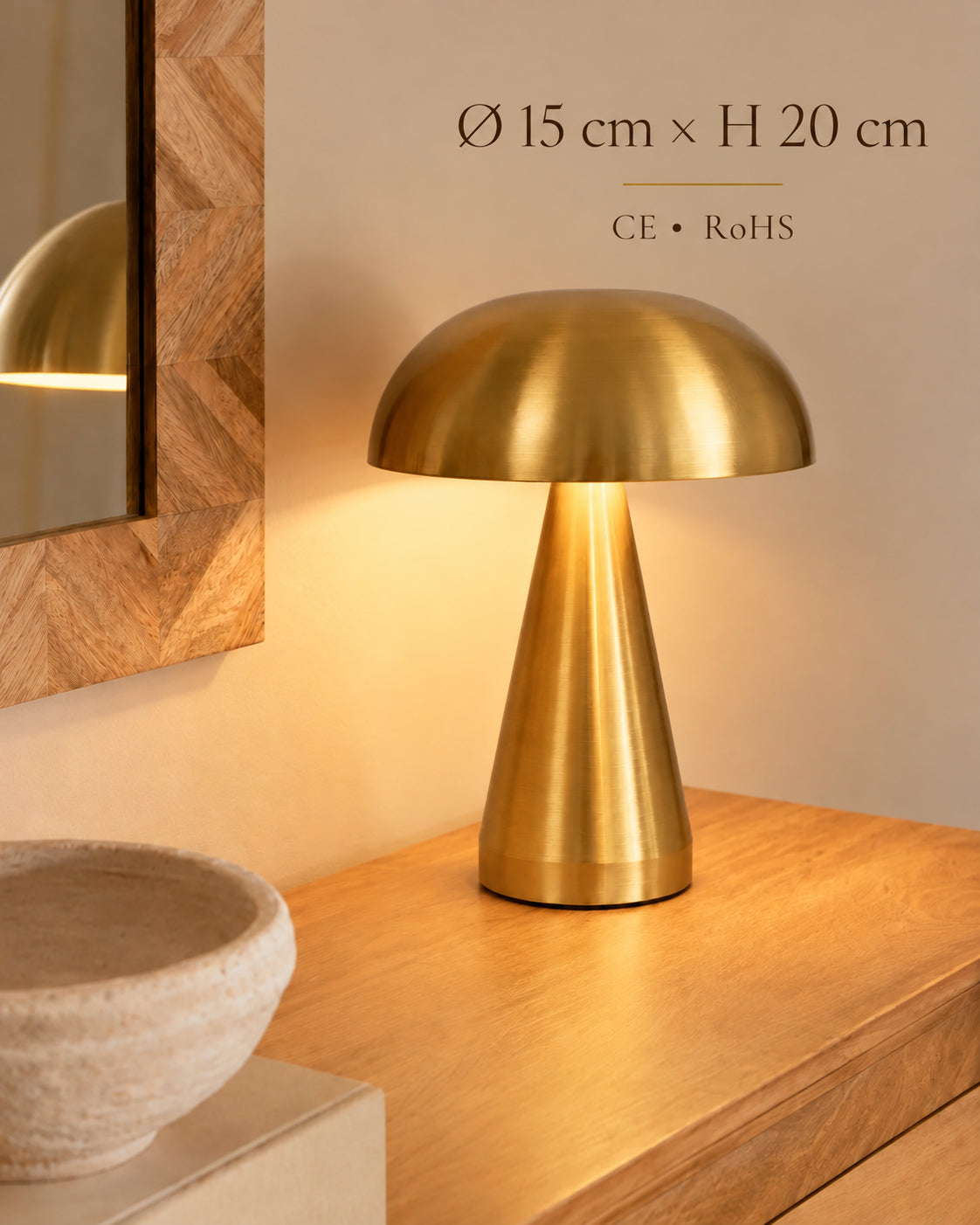 Lampe de chevet champignon lucca — Dimensions Ø 15 cm × H 20 cm et conformité CE RoHS