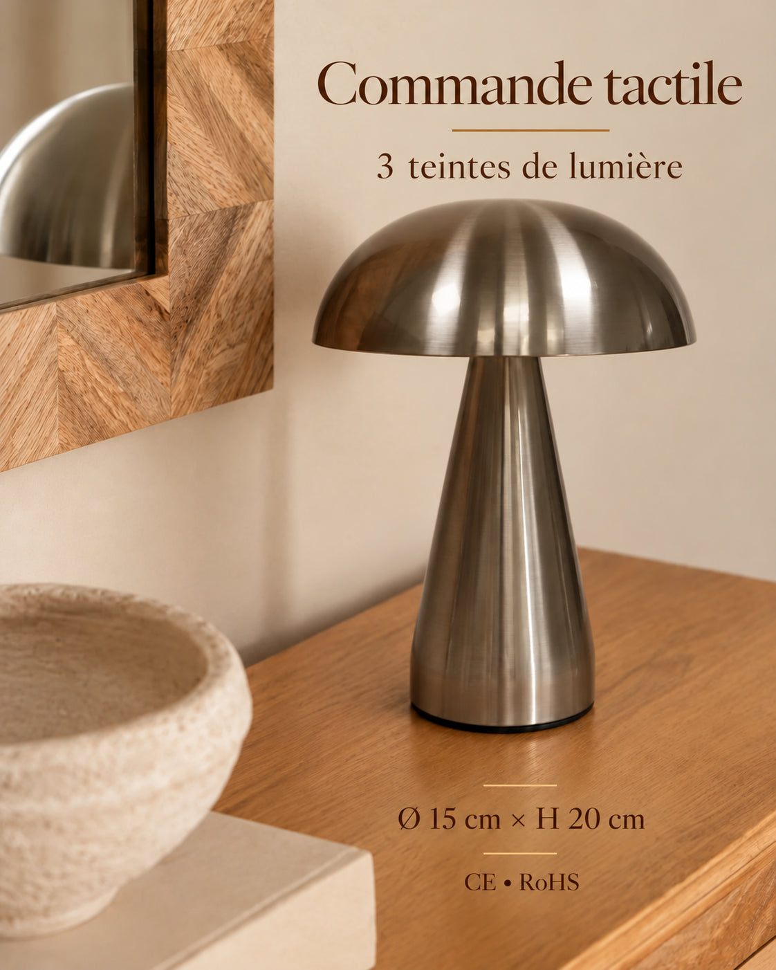 Lampe de chevet champignon lugano — Commande tactile, 3 teintes de lumière