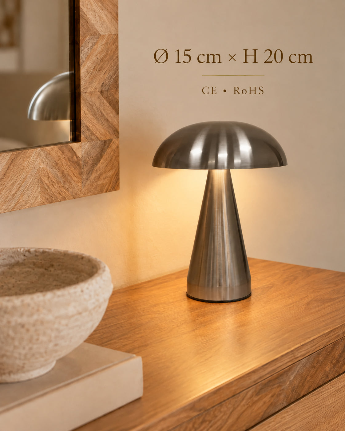 Lampe de chevet champignon lugano — Dimensions Ø 15 cm × H 20 cm et conformité CE RoHS