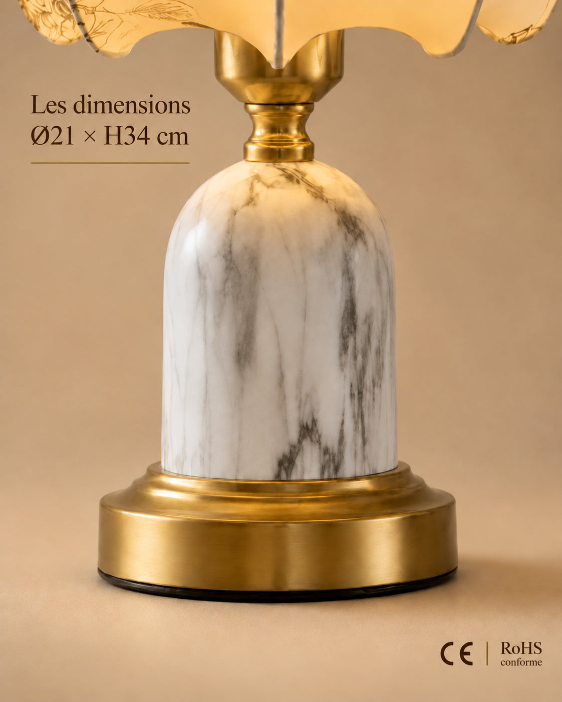 Dimensions Ø21 × H34 cm et conformités CE RoHS de la lampe Marmora