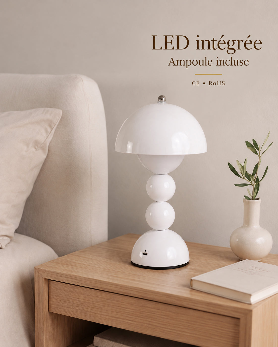 Lampe de chevet champignon bubble blanche — LED intégrée, ampoule incluse