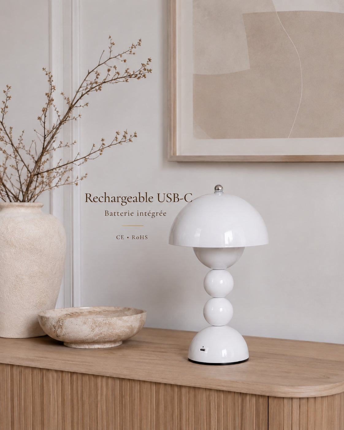 Lampe de chevet champignon bubble blanche — Batterie rechargeable USB-C