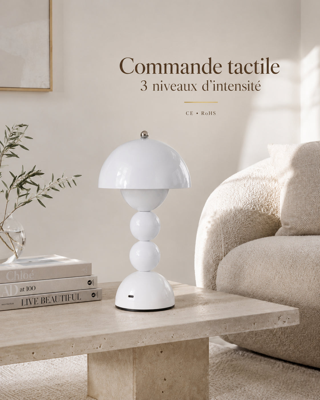 Lampe de chevet champignon bubble blanche — Commande tactile, 3 niveaux d’intensité