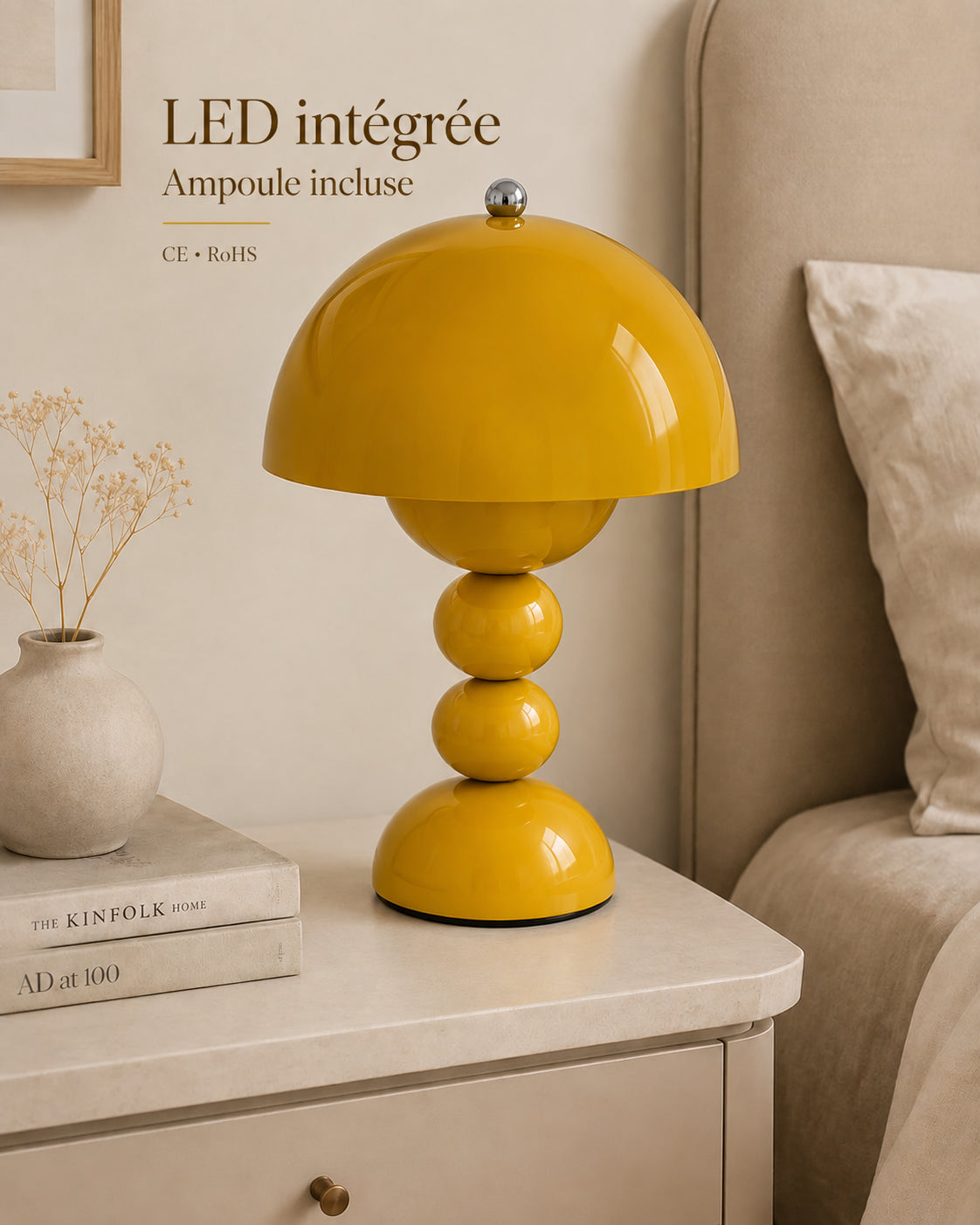 Lampe de chevet champignon bubble jaune — LED intégrée, ampoule incluse