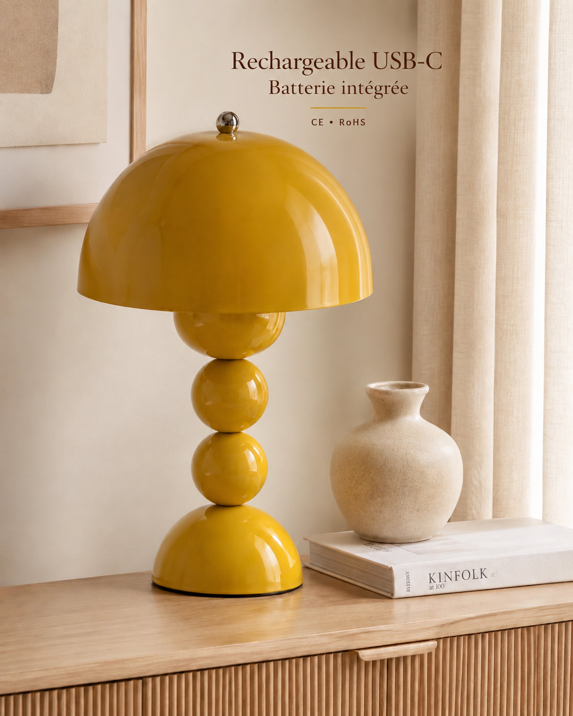 Lampe de chevet champignon bubble jaune — Batterie rechargeable USB-C
