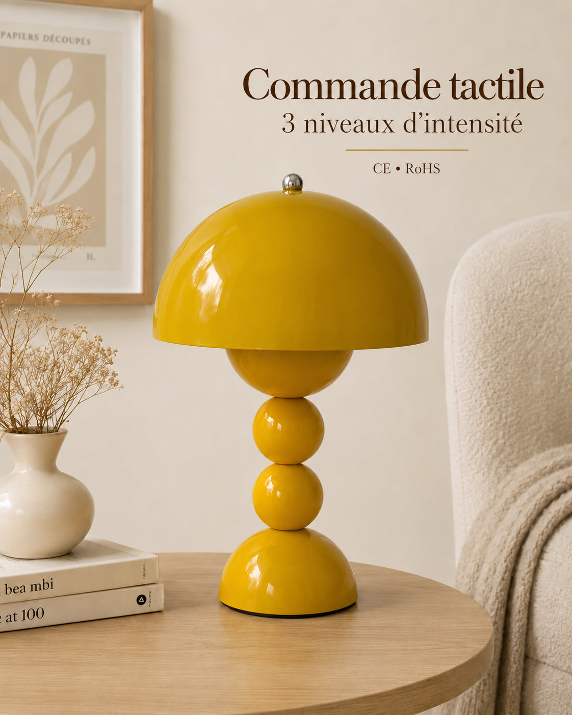 Lampe de chevet champignon bubble jaune — Commande tactile, 3 niveaux d’intensité