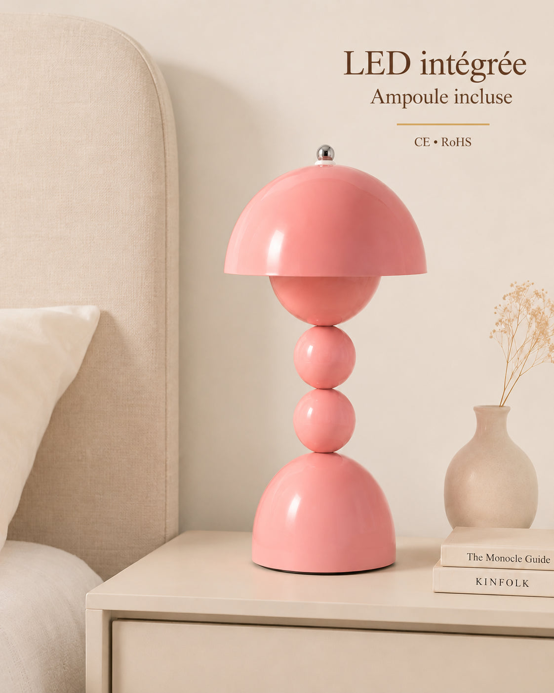Lampe de chevet champignon bubble rose — LED intégrée, ampoule incluse