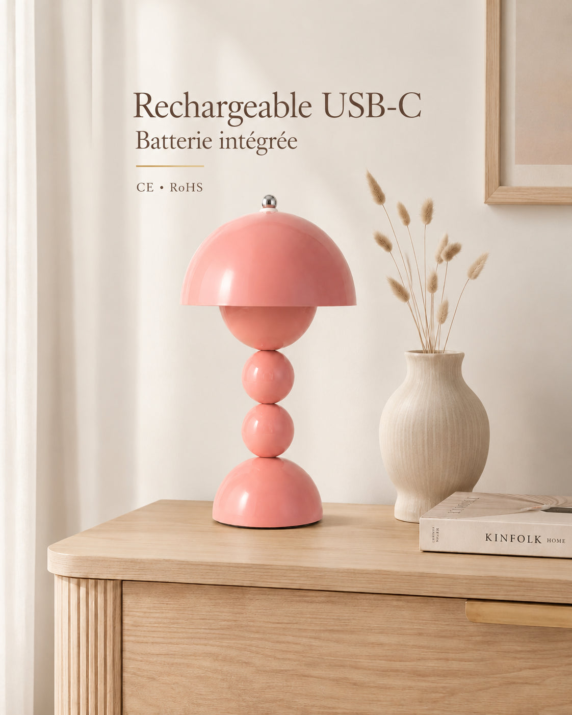 Lampe de chevet champignon bubble rose — Batterie rechargeable USB-C