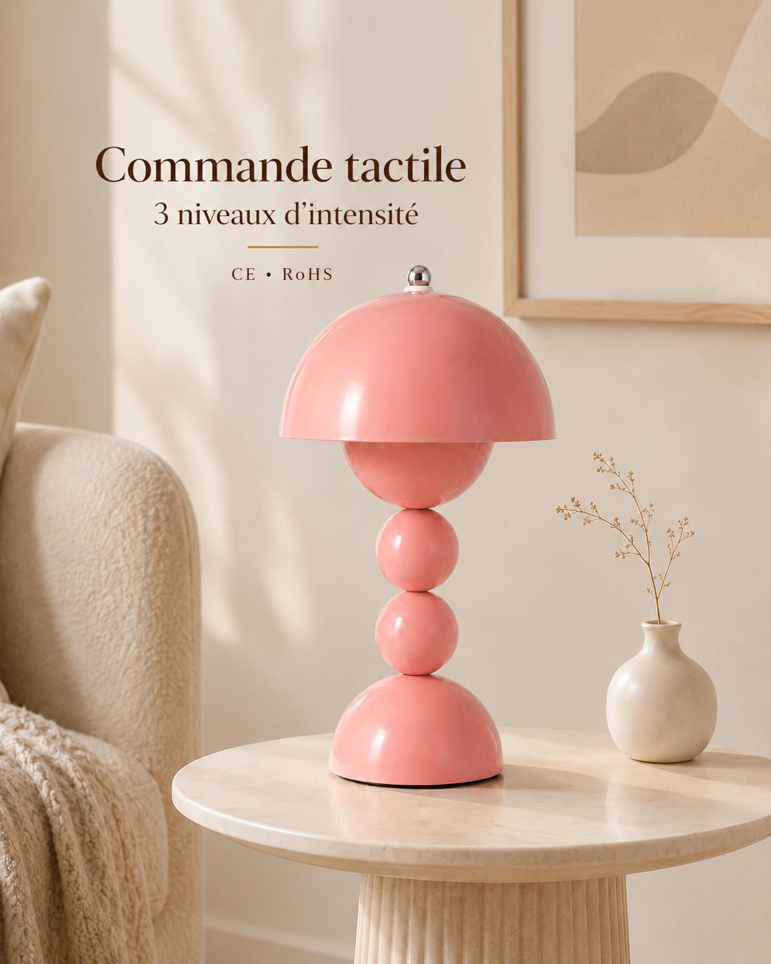 Lampe de chevet champignon bubble rose — Commande tactile, 3 niveaux d’intensité