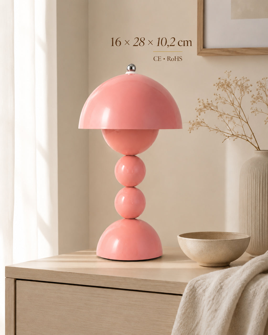 Lampe de chevet champignon bubble rose — Dimensions 16 × 28 × 10,2 cm et conformité CE RoHS