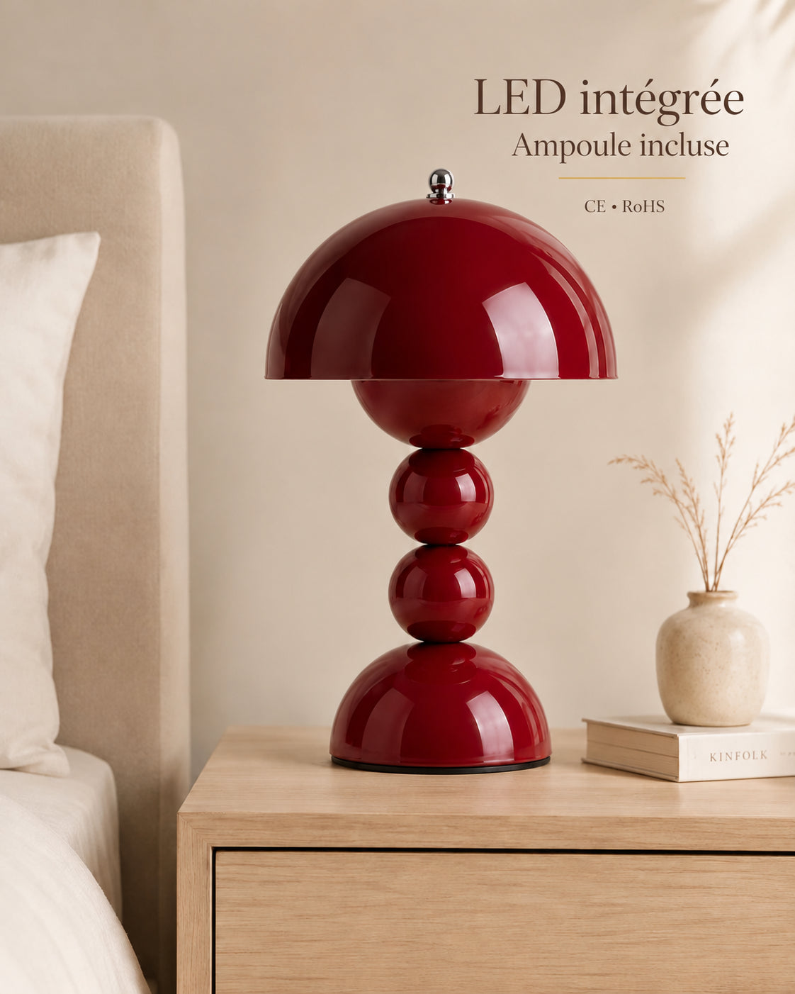 Lampe de chevet champignon bubble rouge — LED intégrée, ampoule incluse