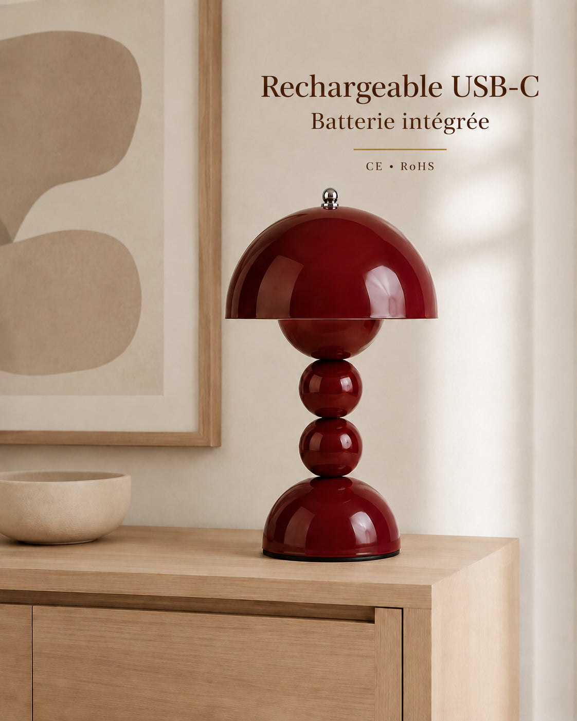 Lampe de chevet champignon bubble rouge — Batterie rechargeable USB-C