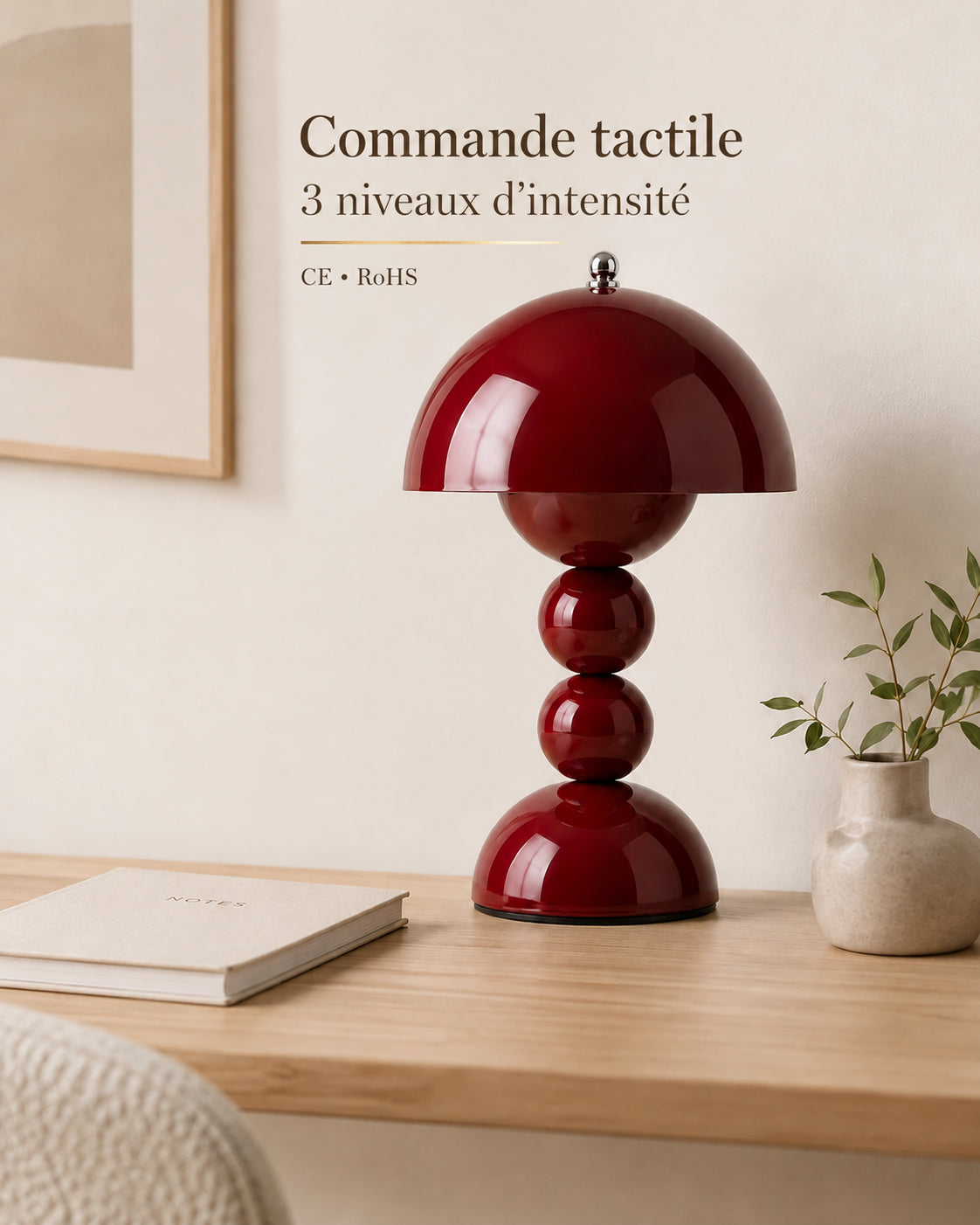 Lampe de chevet champignon bubble rouge — Commande tactile, 3 niveaux d’intensité