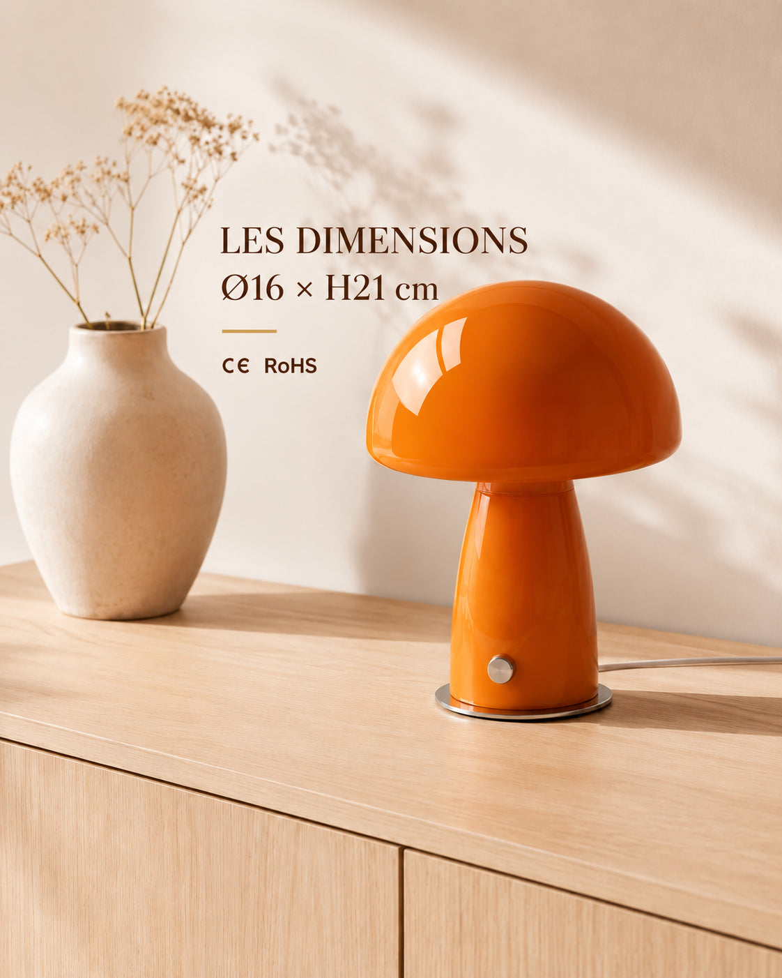Dimensions Ø16 × H21 cm et conformités CE RoHS de la lampe champignon orange