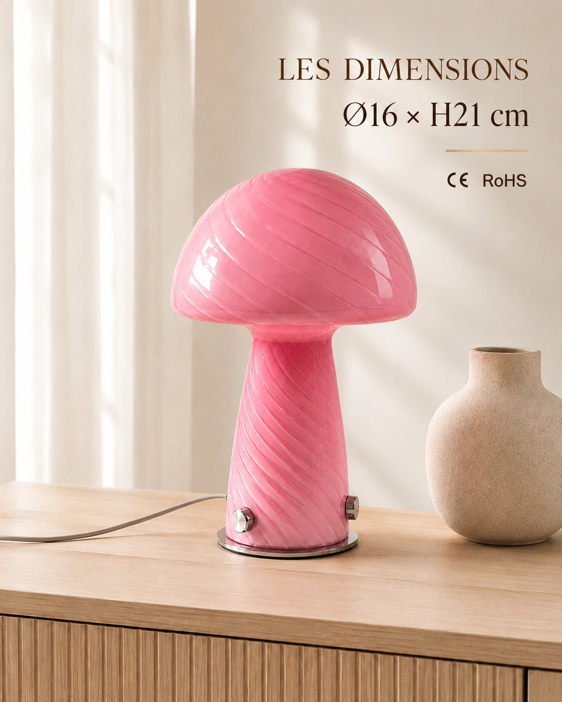 Dimensions Ø16 × H21 cm et conformités CE RoHS de la lampe Rosette